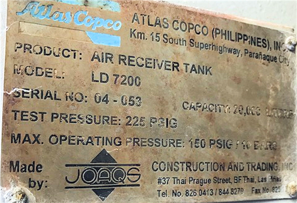 Atlas Copco Model Ld7200 Air Receiver Tank)